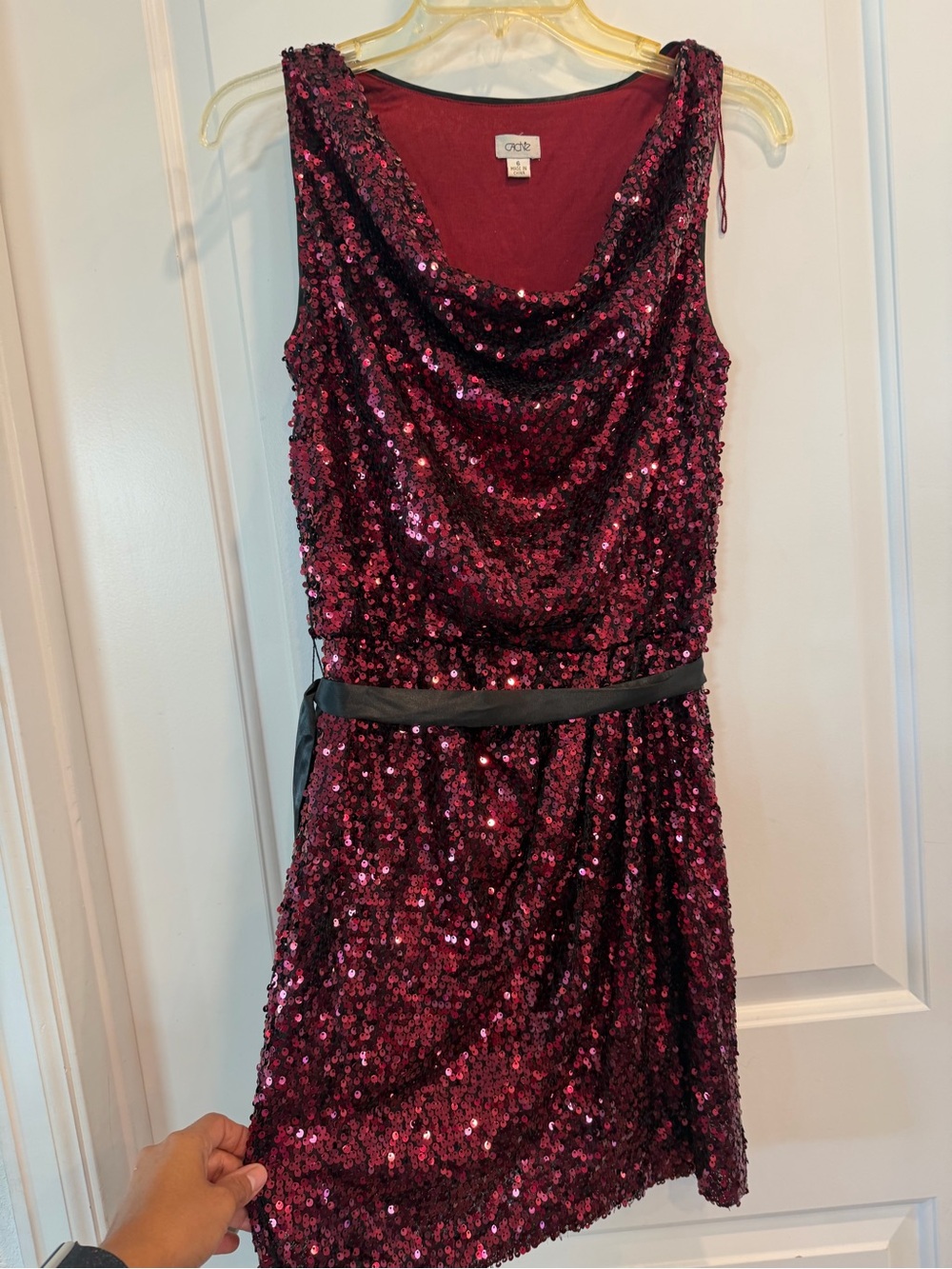 Cache Burgundy Sequin Mini Dress with Satin Belt